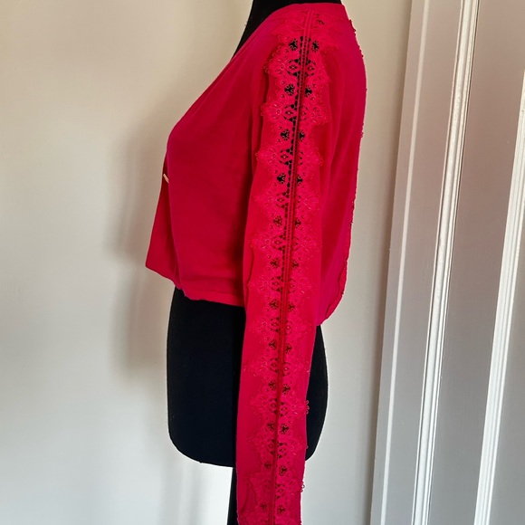 Unique Elie Tahari Hot Pink Merino / Lace Wool Cropped Cardigan - Picture 4 of 9